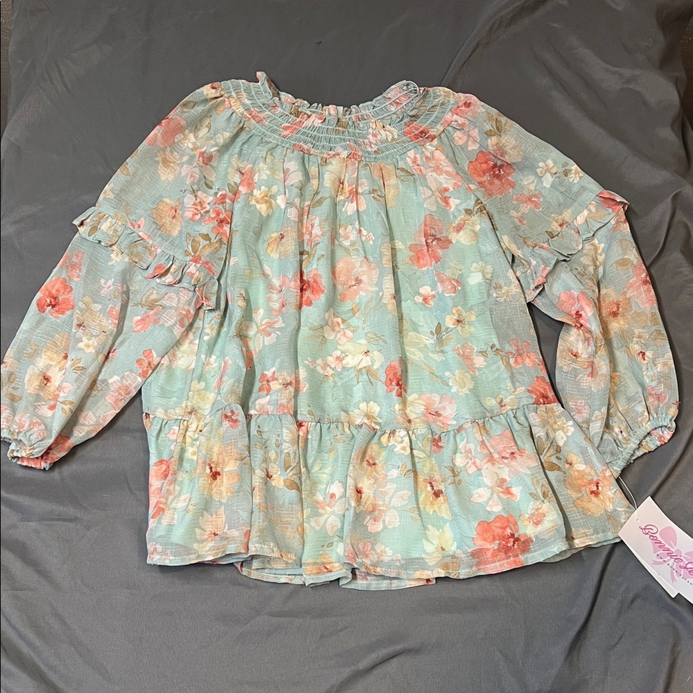 Girls Bonnie Jean Floral Peasant Top in Mint and Coral